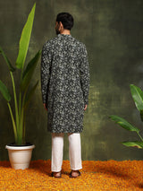 Olive Printed Kantha Work Kurta - Elganza
