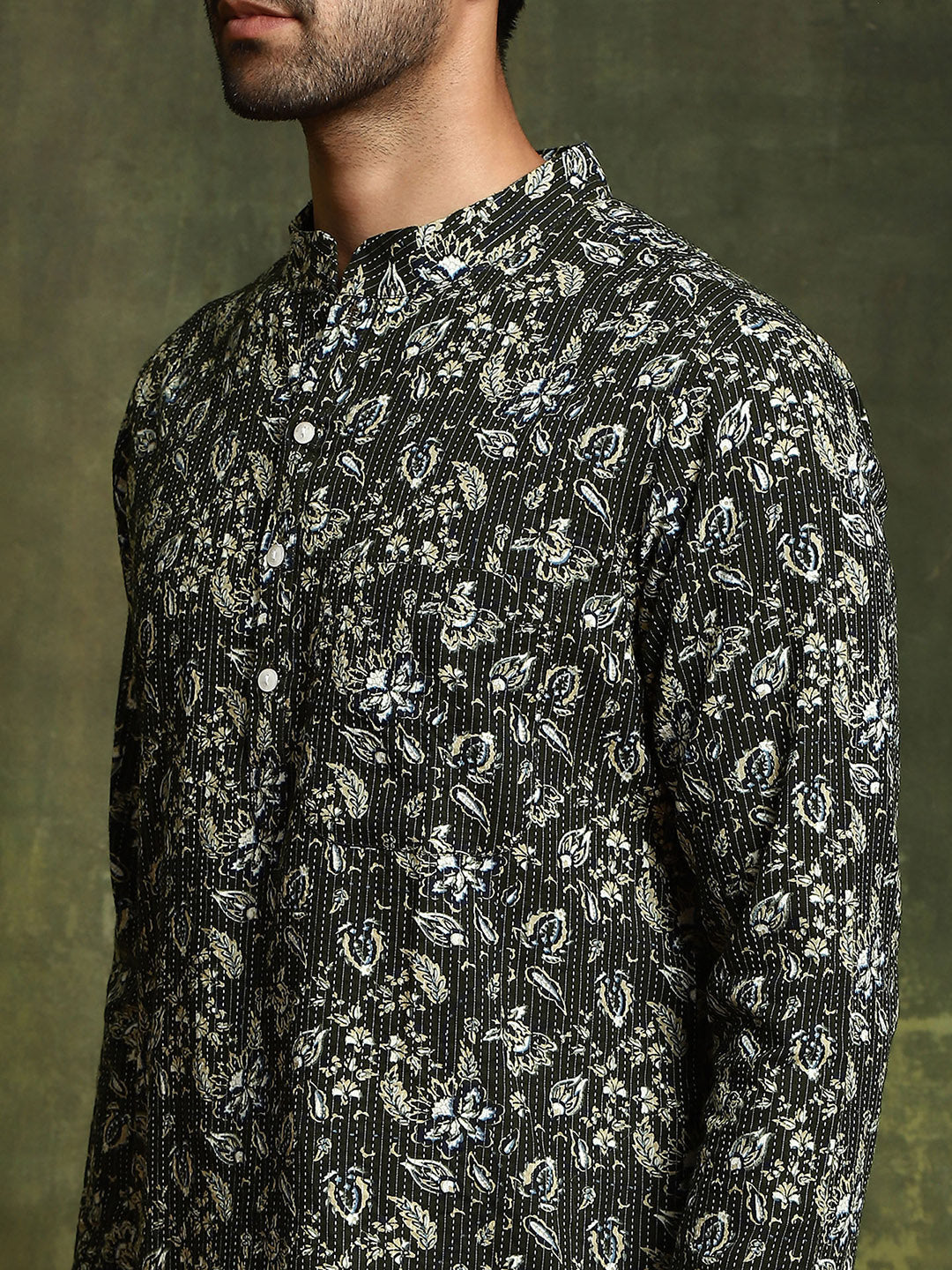 Olive Printed Kantha Work Kurta - Elganza