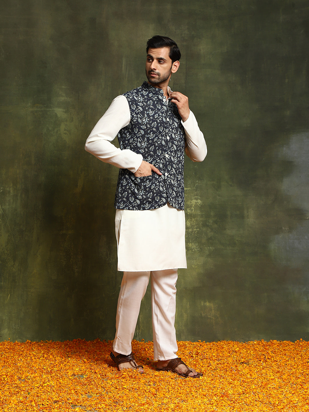 Navy Blue Kantha Work Couple Combo Set - Elganza