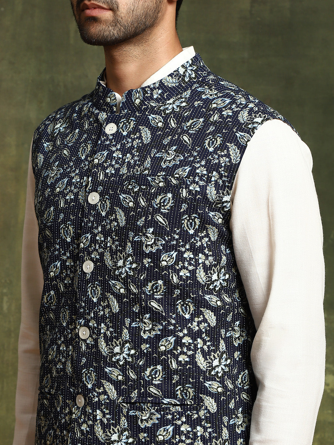 Navy Blue Kantha Work Couple Combo Set - Elganza