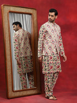 Cream Floral Print Kurta Pyjama With Nehru Jacket - Elganza