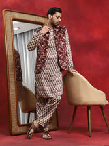 Brown Floral Print Kurta Pyjama With Nehru Jacket - Elganza