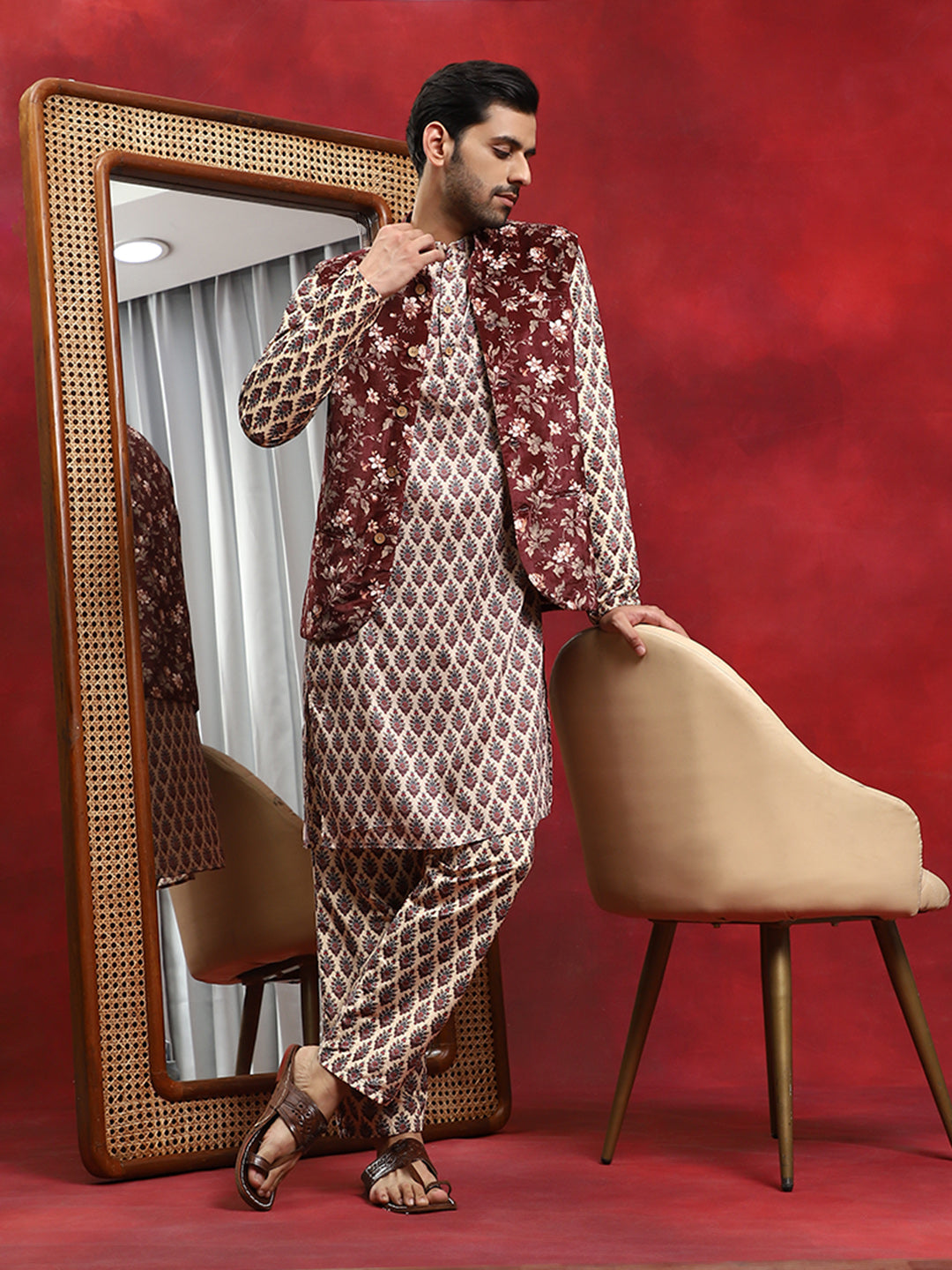 Brown Floral Print Kurta Pyjama With Nehru Jacket - Elganza