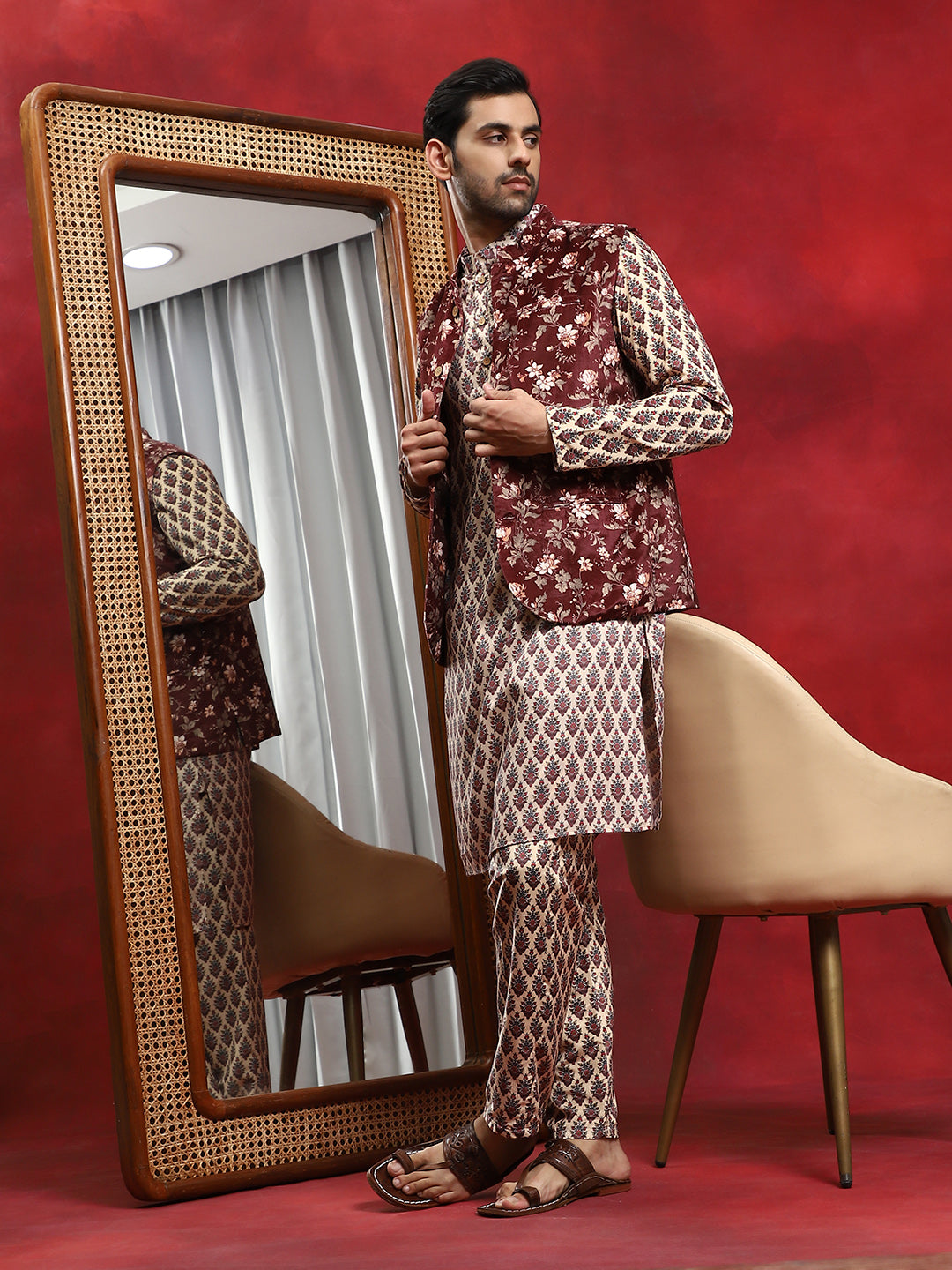 Brown Floral Print Kurta Pyjama With Nehru Jacket - Elganza