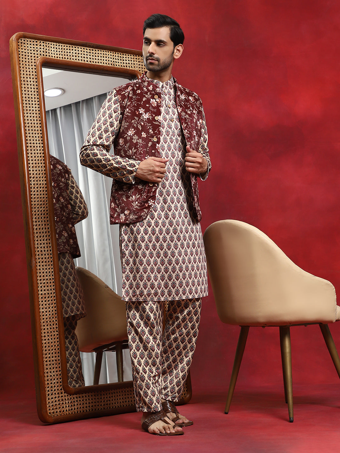 Brown Floral Print Kurta Pyjama With Nehru Jacket - Elganza