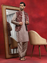 Brown Floral Print Kurta Pyjama With Nehru Jacket - Elganza