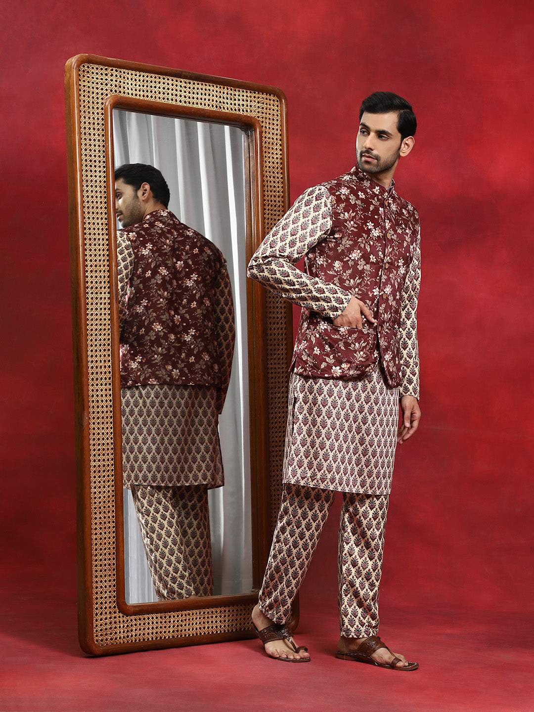 Brown Floral Print Kurta Pyjama With Nehru Jacket - Elganza