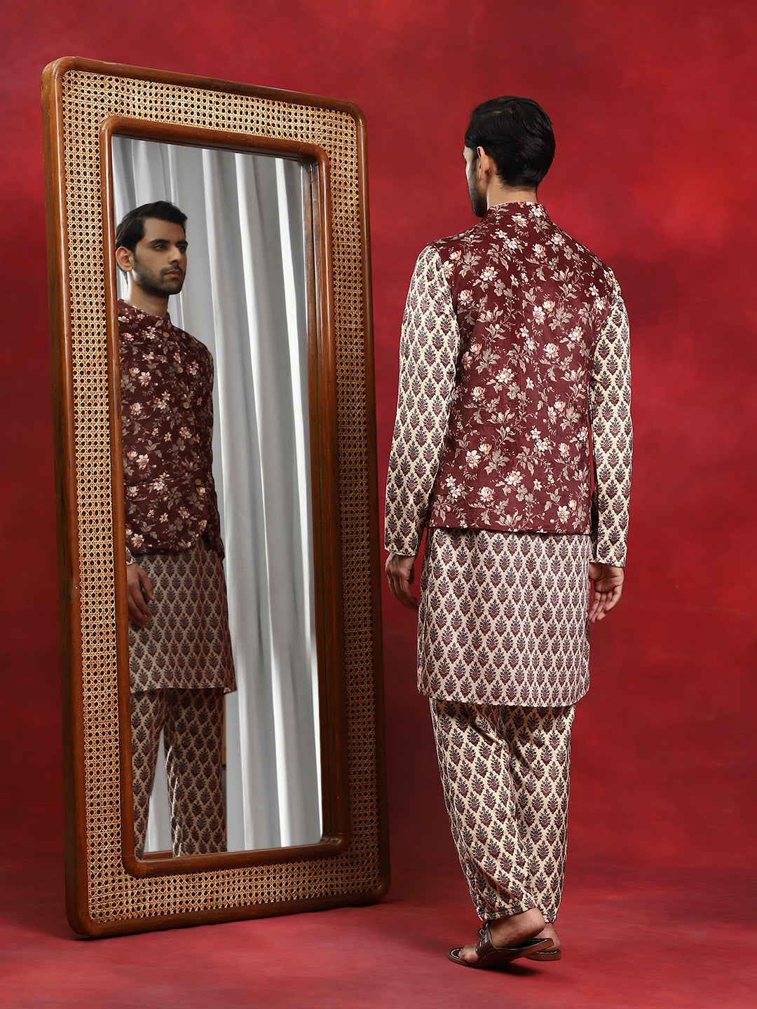 Brown Floral Print Kurta Pyjama With Nehru Jacket - Elganza