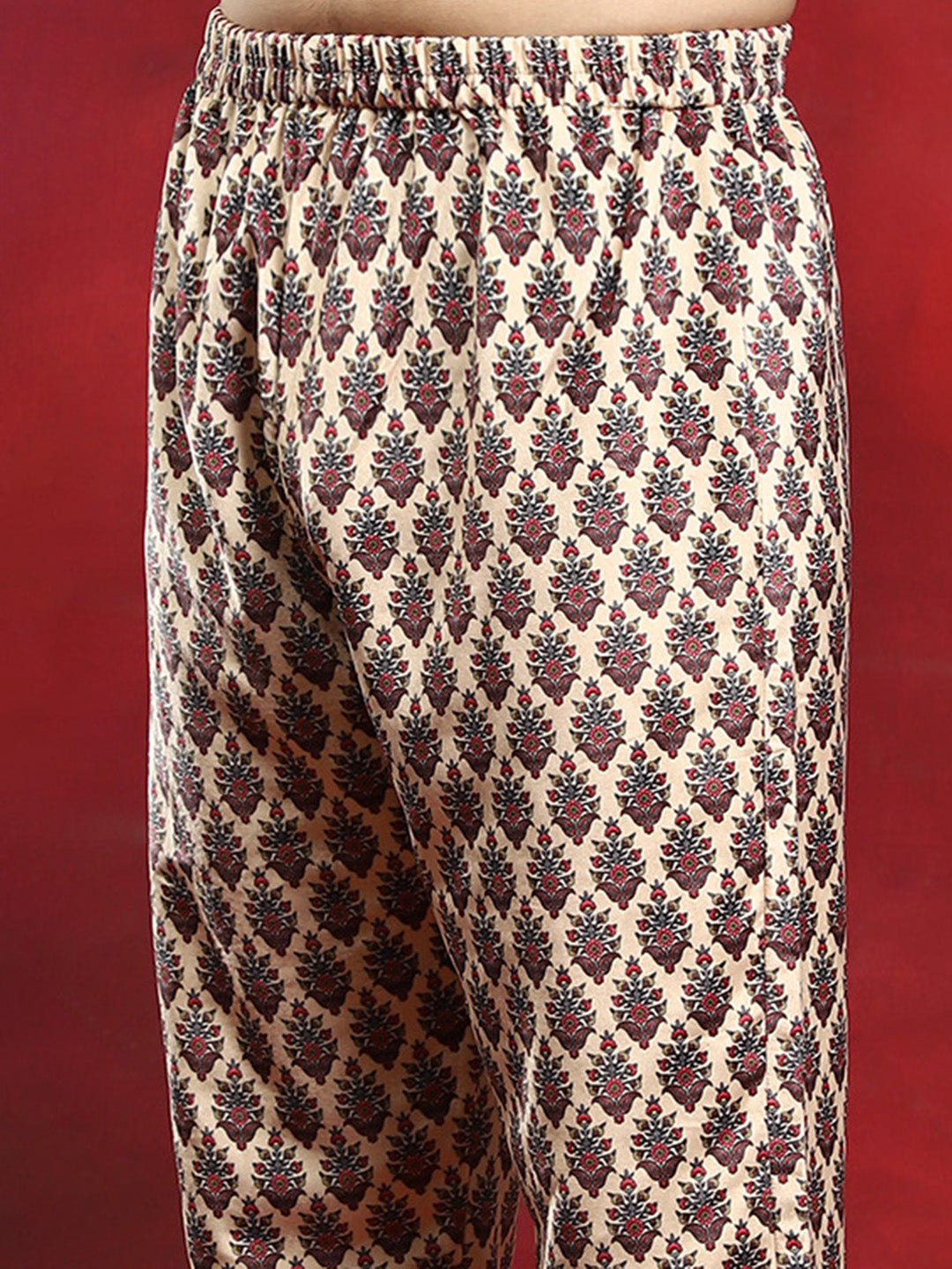 Brown Floral Print Kurta Pyjama With Nehru Jacket - Elganza