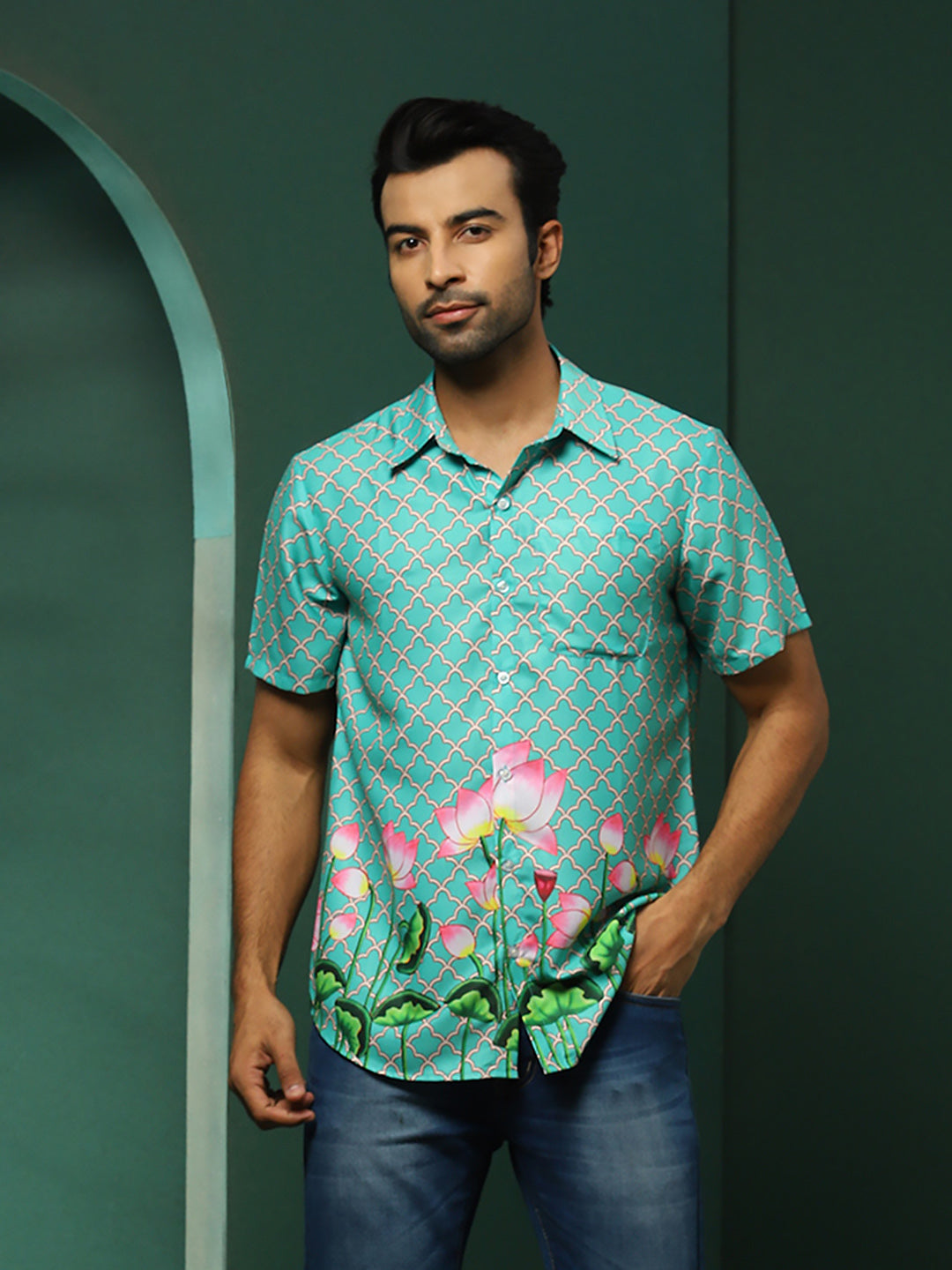 Green Pichwai Print Couple Combo Set - Elganza