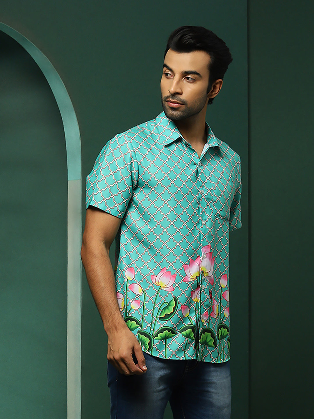 Green Pichwai Print Couple Combo Set - Elganza