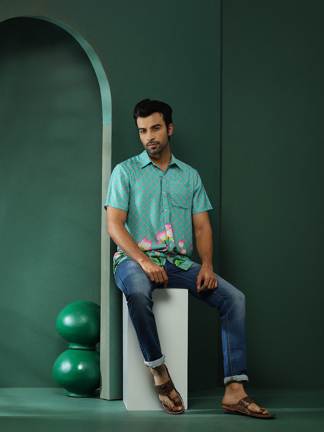 Green Pichwai Print Couple Combo Set - Elganza