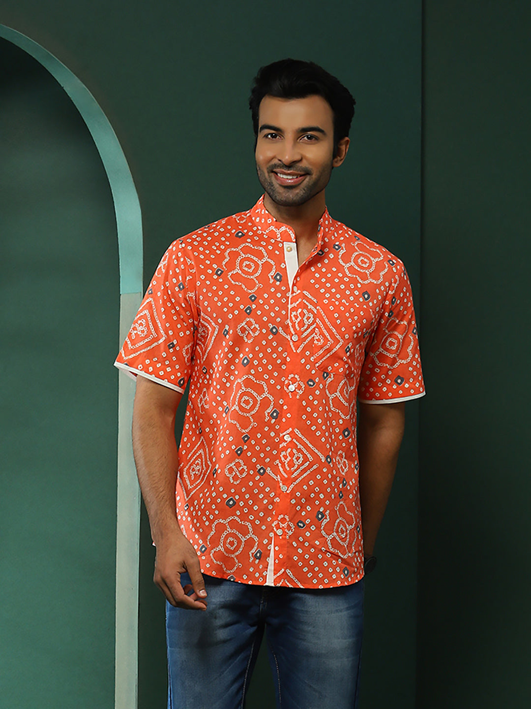 Peach Bandhani Print Shirt - Elganza