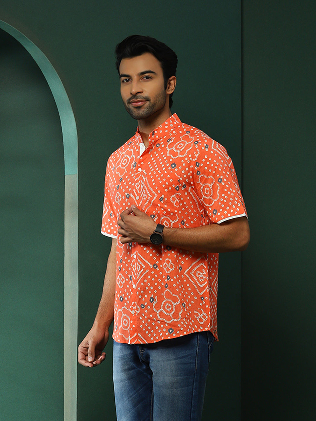 Peach Bandhani Print Shirt - Elganza