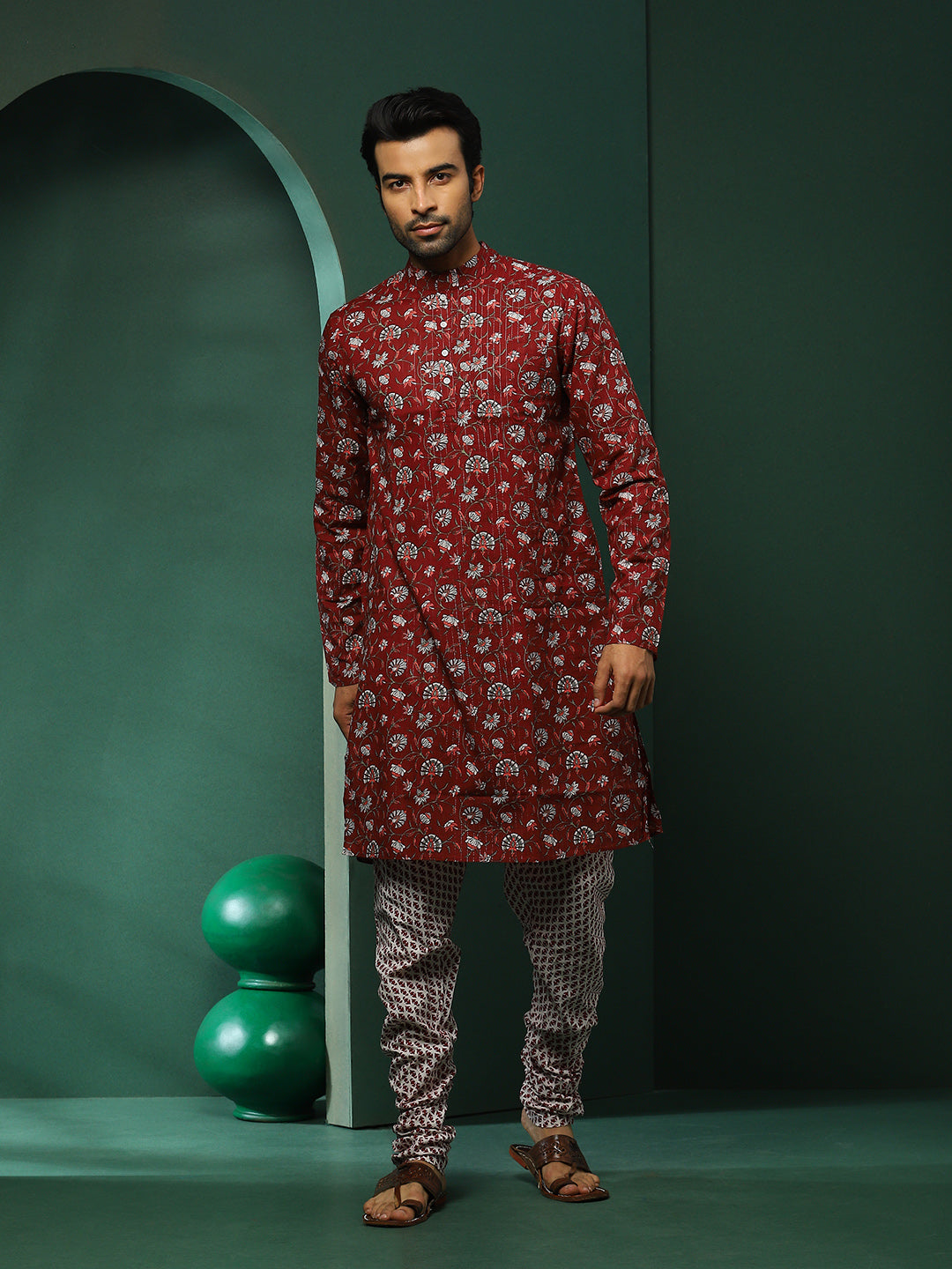 Maroon Floral Print Kurta With Churidar - Elganza