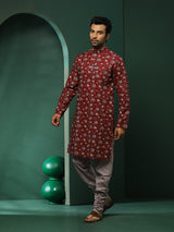 Maroon Floral Print Kurta With Churidar - Elganza