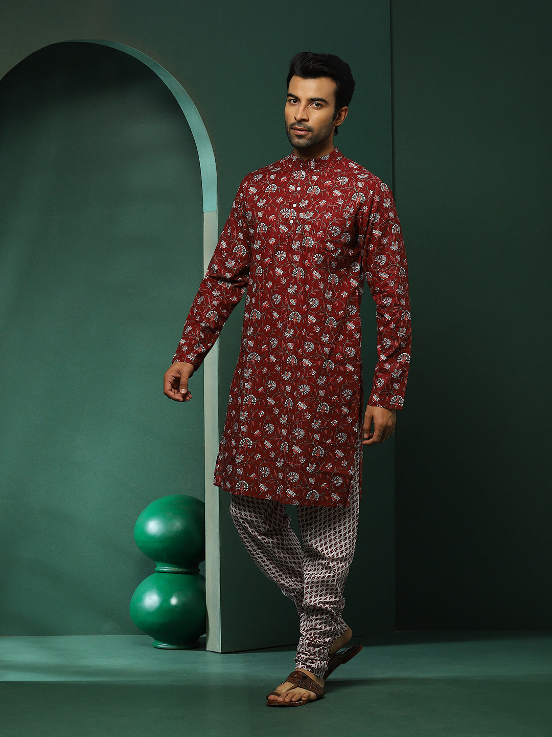 Maroon Floral Print Kurta With Churidar - Elganza