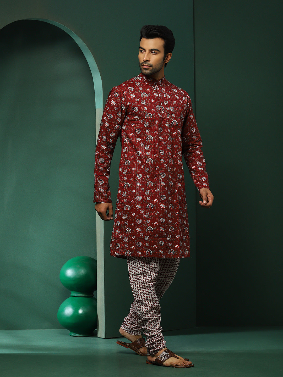 Maroon Floral Print Kurta With Churidar - Elganza