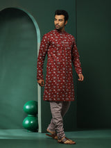 Maroon Floral Print Kurta With Churidar - Elganza