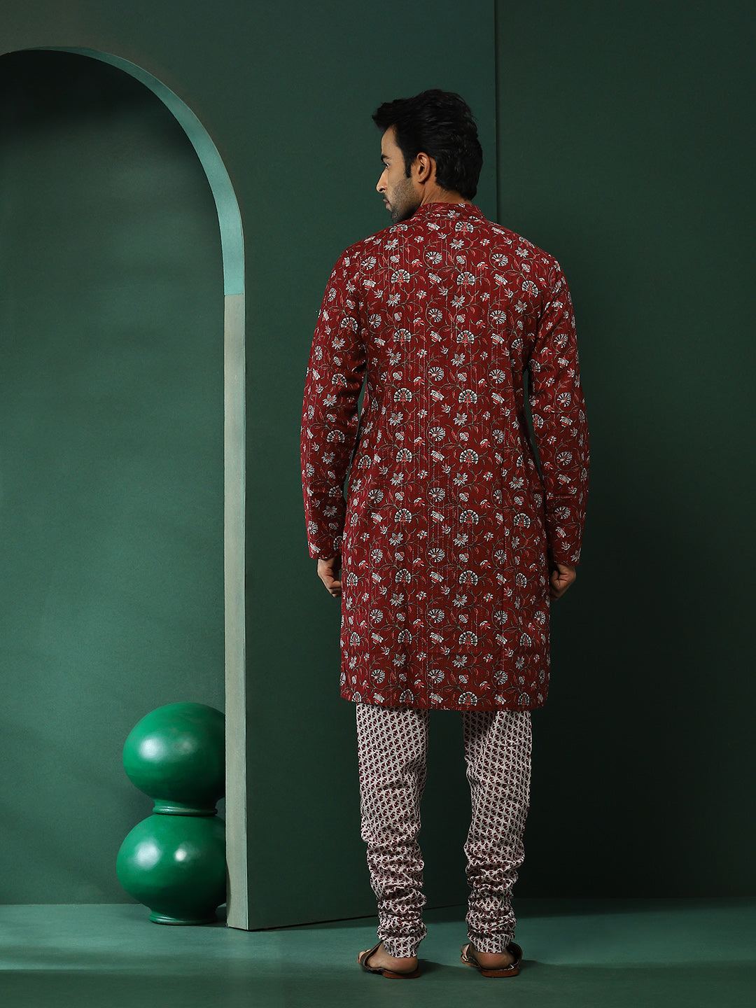Maroon Floral Print Kurta With Churidar - Elganza