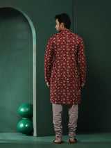 Maroon Floral Print Kurta With Churidar - Elganza
