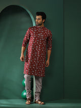 Maroon Floral Print Kurta With Churidar - Elganza
