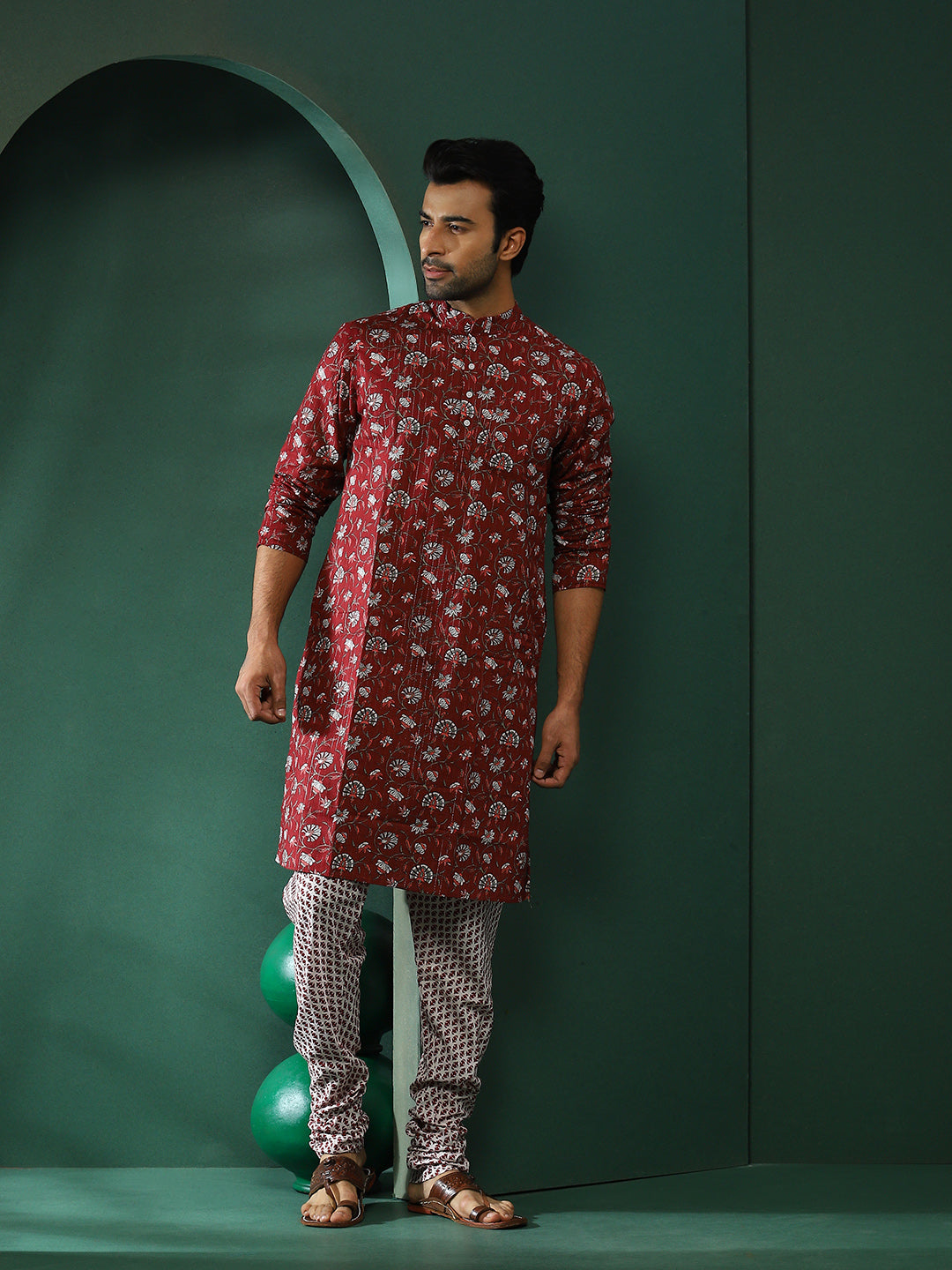 Maroon Floral Print Kurta With Churidar - Elganza