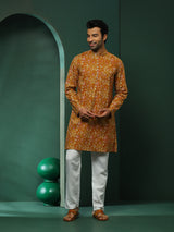 Mustard Floral Print Long Kurta - Elganza