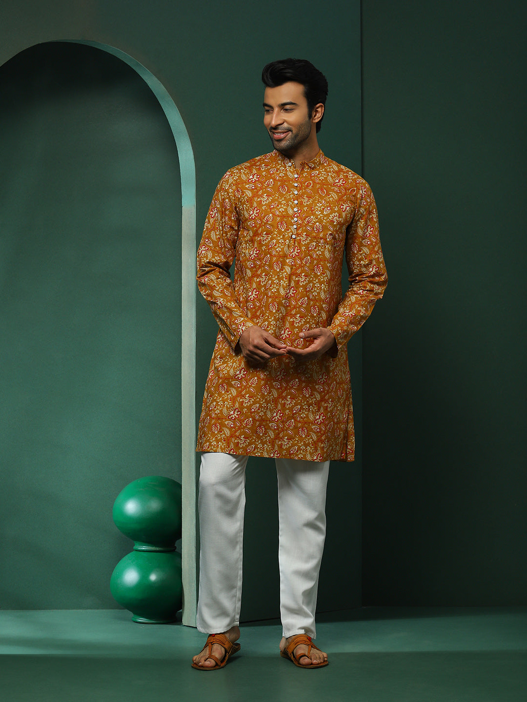 Mustard Floral Print Long Kurta - Elganza