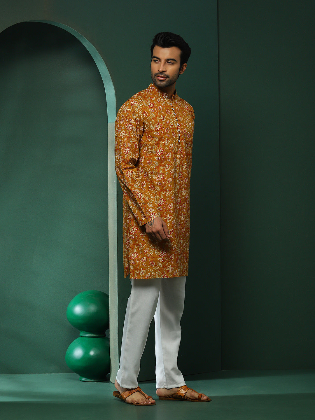 Mustard Floral Print Long Kurta - Elganza