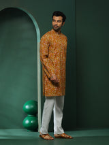 Mustard Floral Print Long Kurta - Elganza