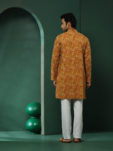 Mustard Floral Print Long Kurta - Elganza