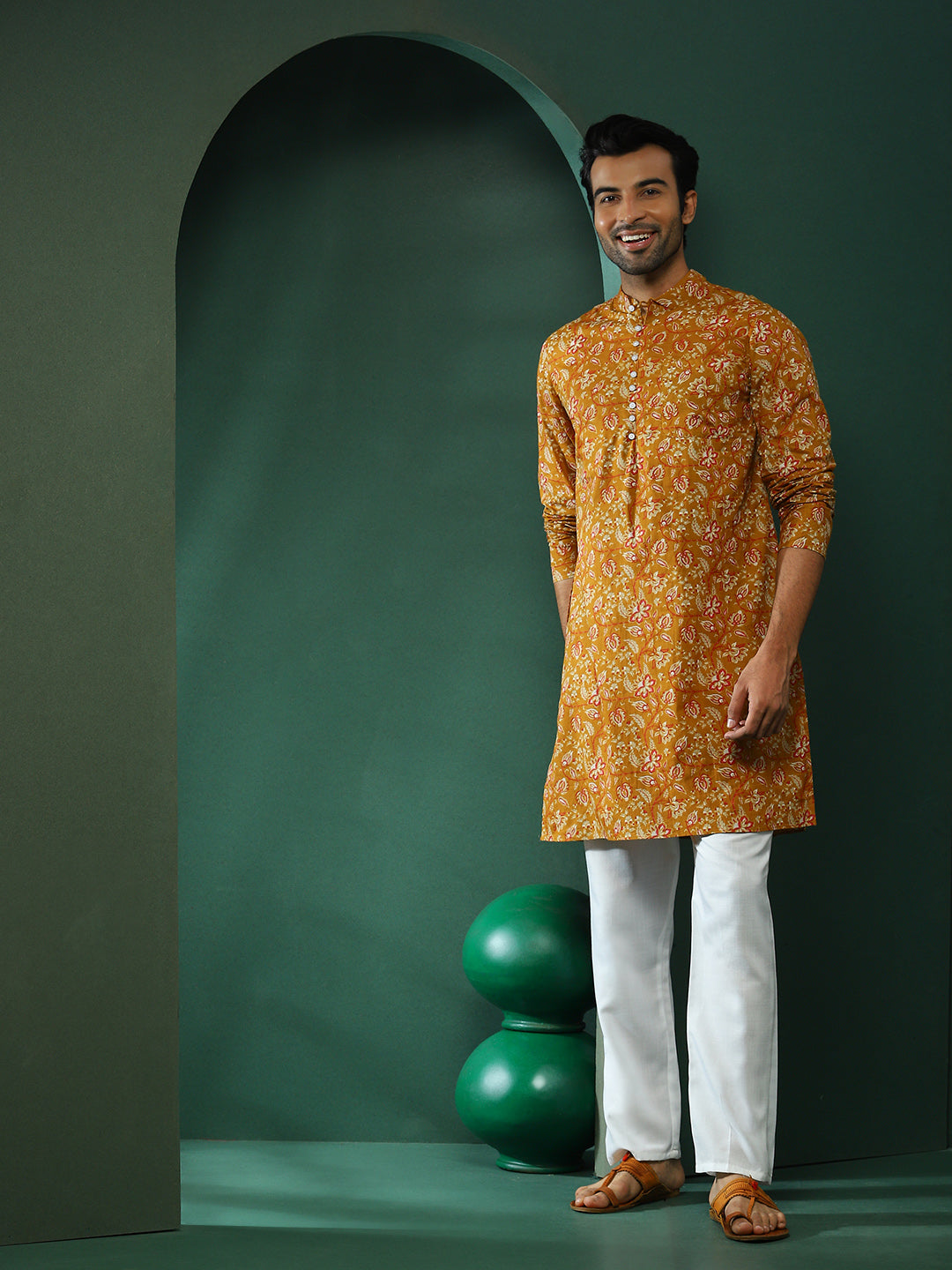 Mustard Floral Print Long Kurta - Elganza