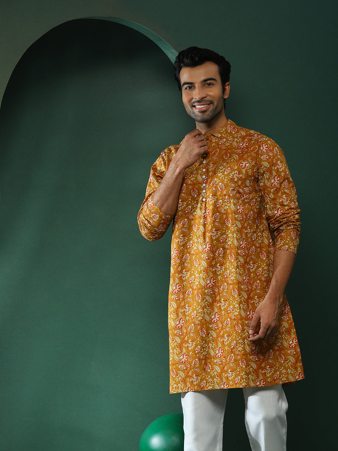Mustard Floral Print Long Kurta - Elganza