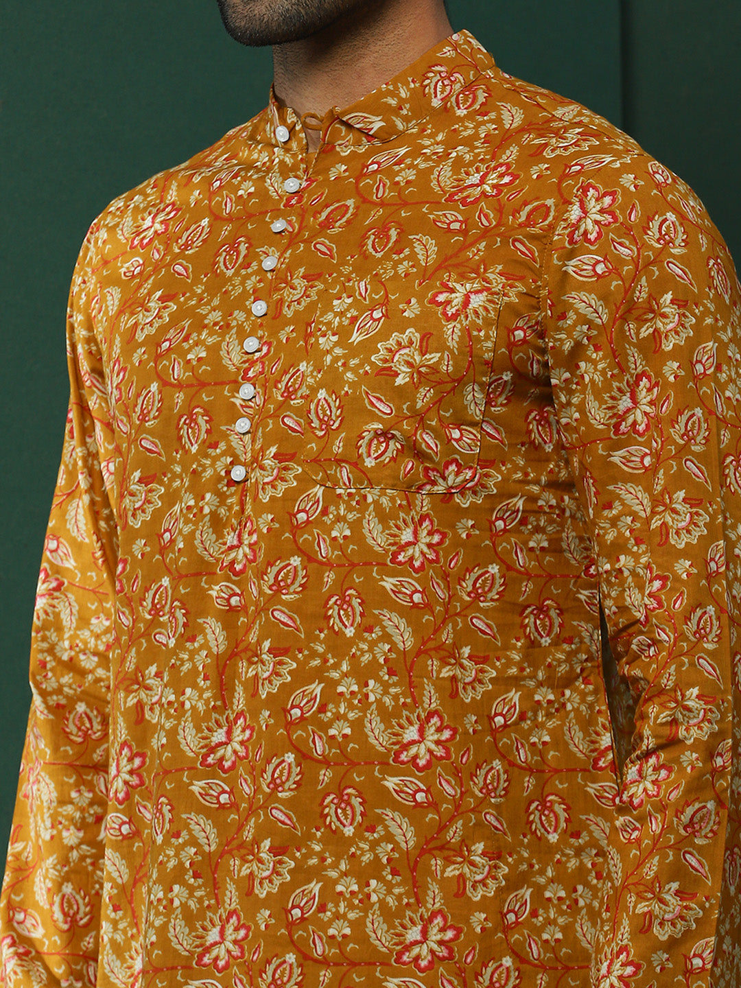 Mustard Floral Print Long Kurta - Elganza
