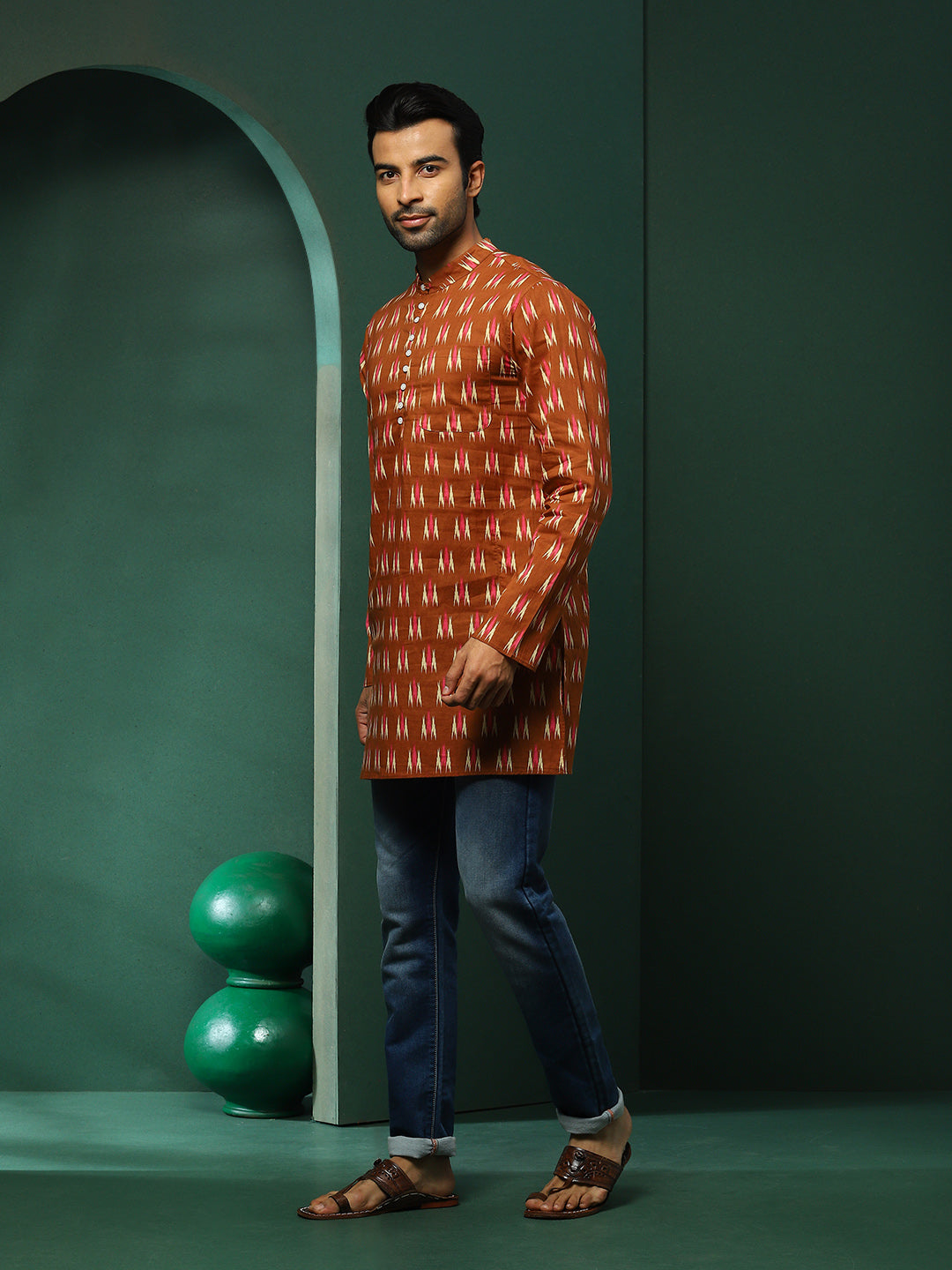 Brown Ikat Print Long Kurta - Elganza