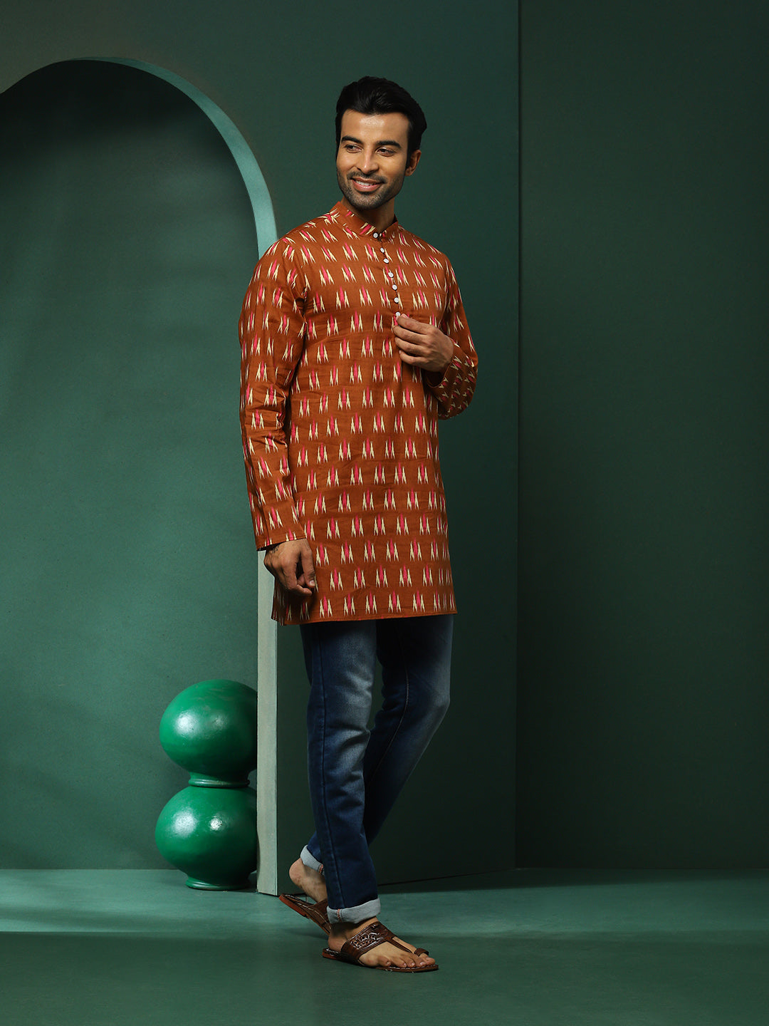 Brown Ikat Print Long Kurta - Elganza