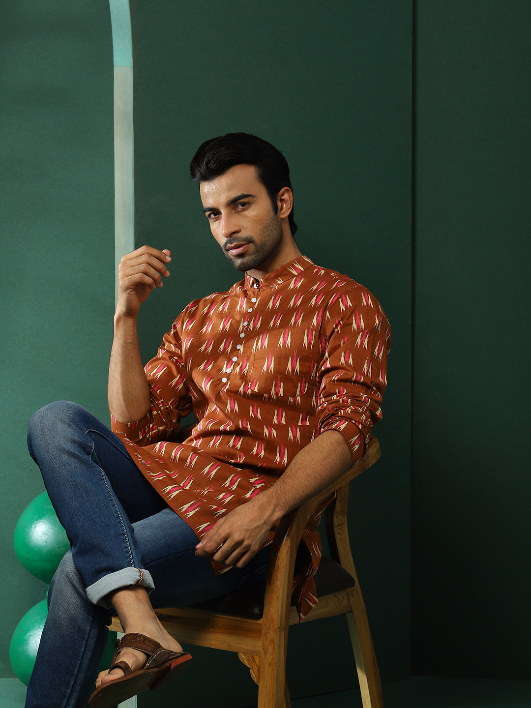 Brown Ikat Print Long Kurta - Elganza