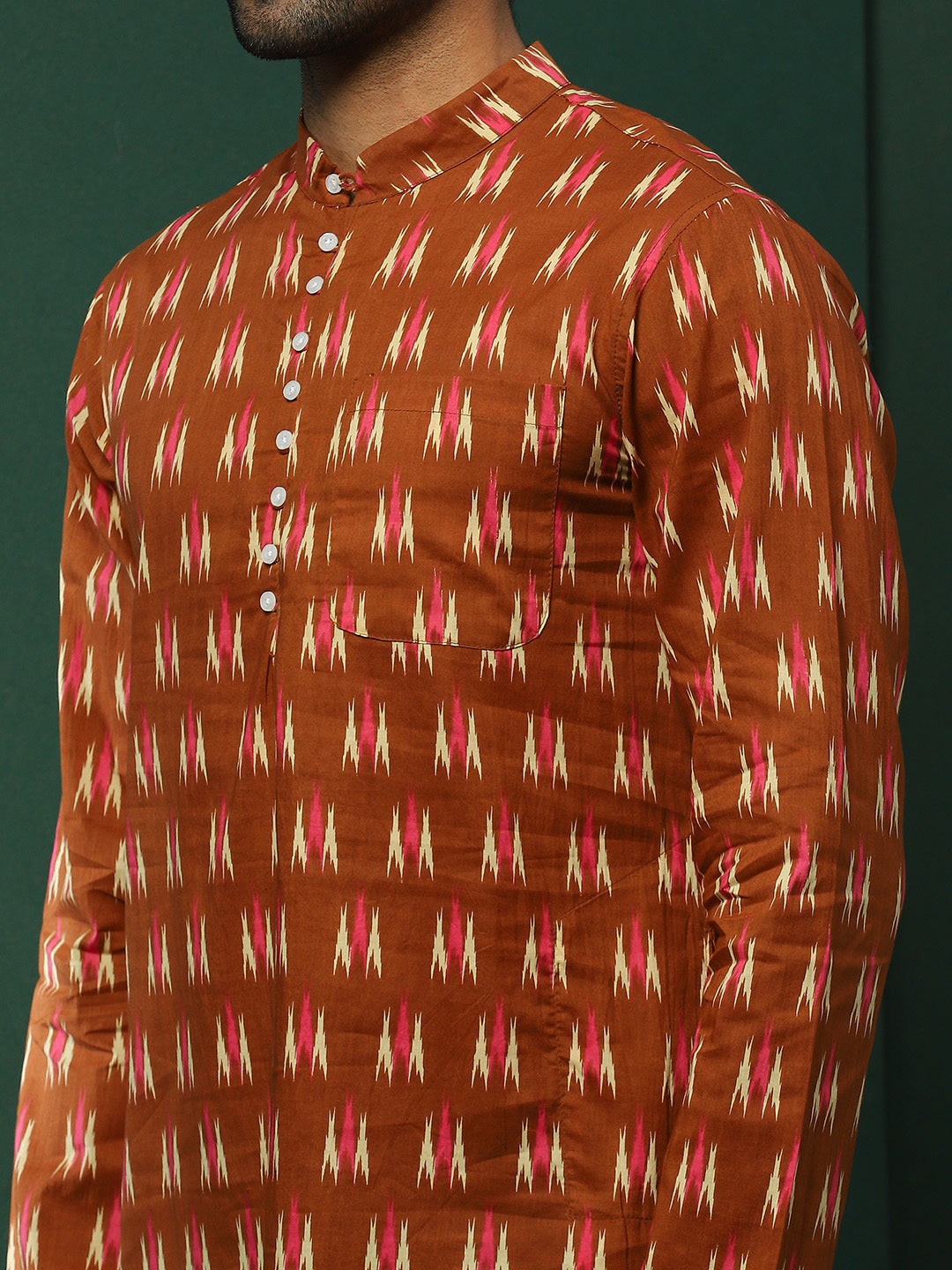 Brown Ikat Print Long Kurta - Elganza