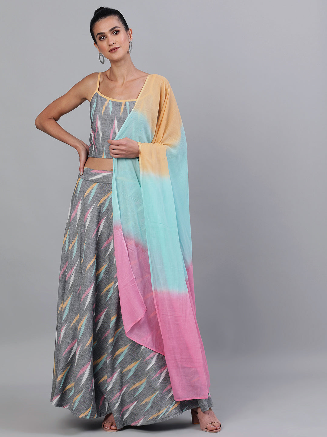 Grey Ikat Designed Lehenga Choli With Dupatta - Elganza