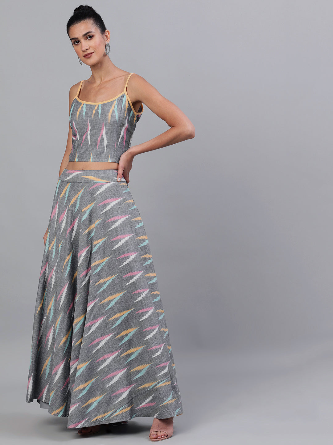 Grey Ikat Designed Lehenga Choli With Dupatta - Elganza