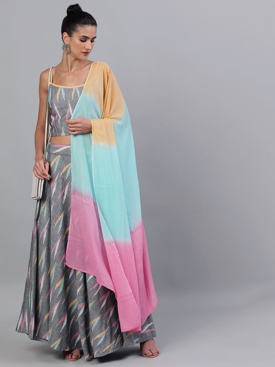 Grey Ikat Designed Lehenga Choli With Dupatta - Elganza