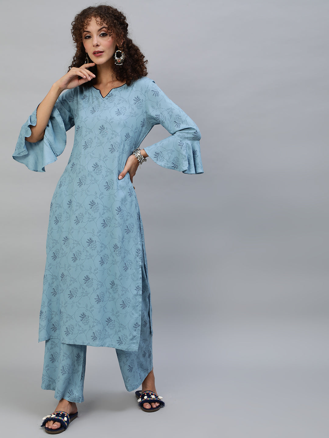 Blue Printed Kurta With Palazzo - Elganza