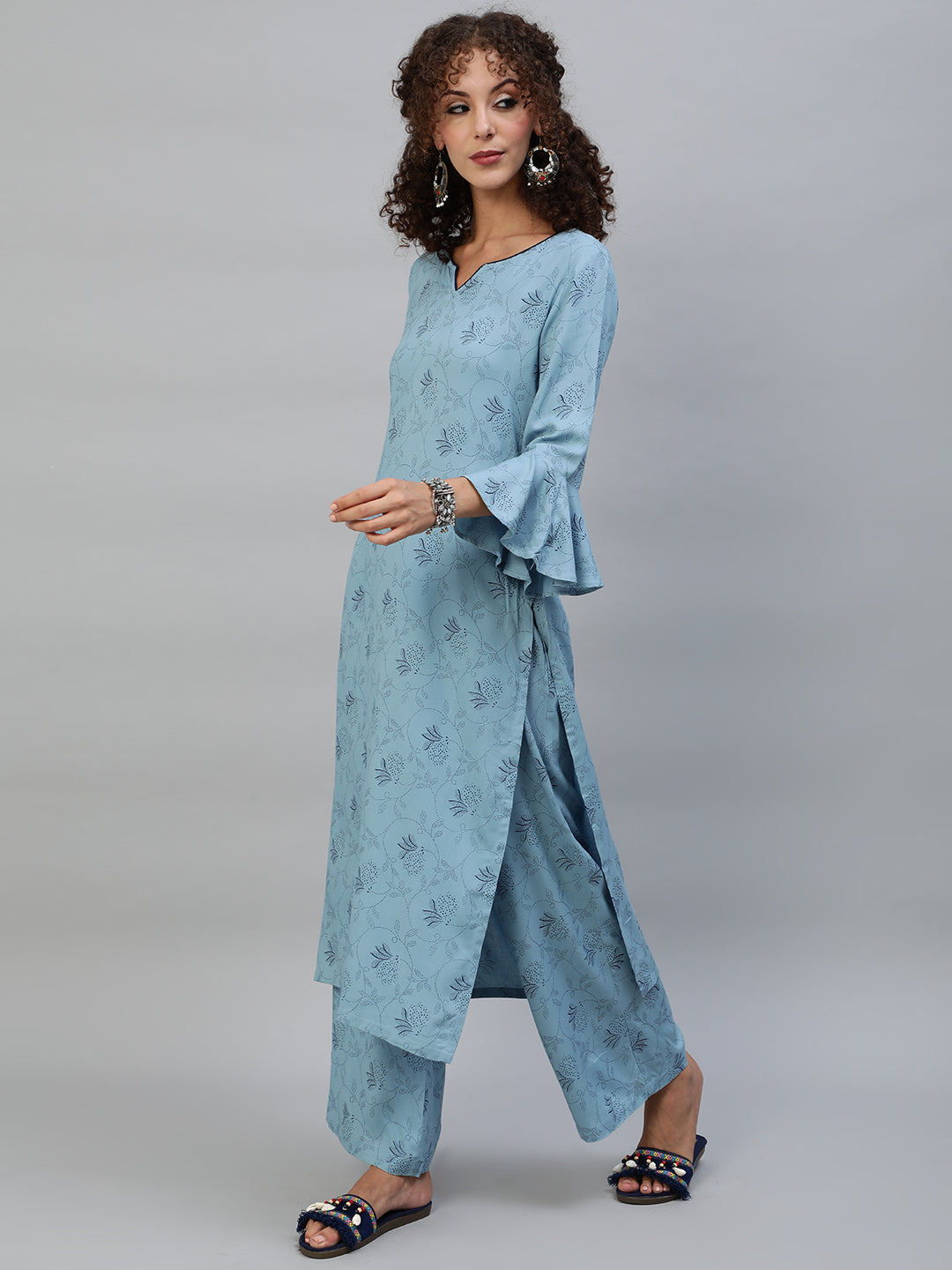 Blue Printed Kurta With Palazzo - Elganza