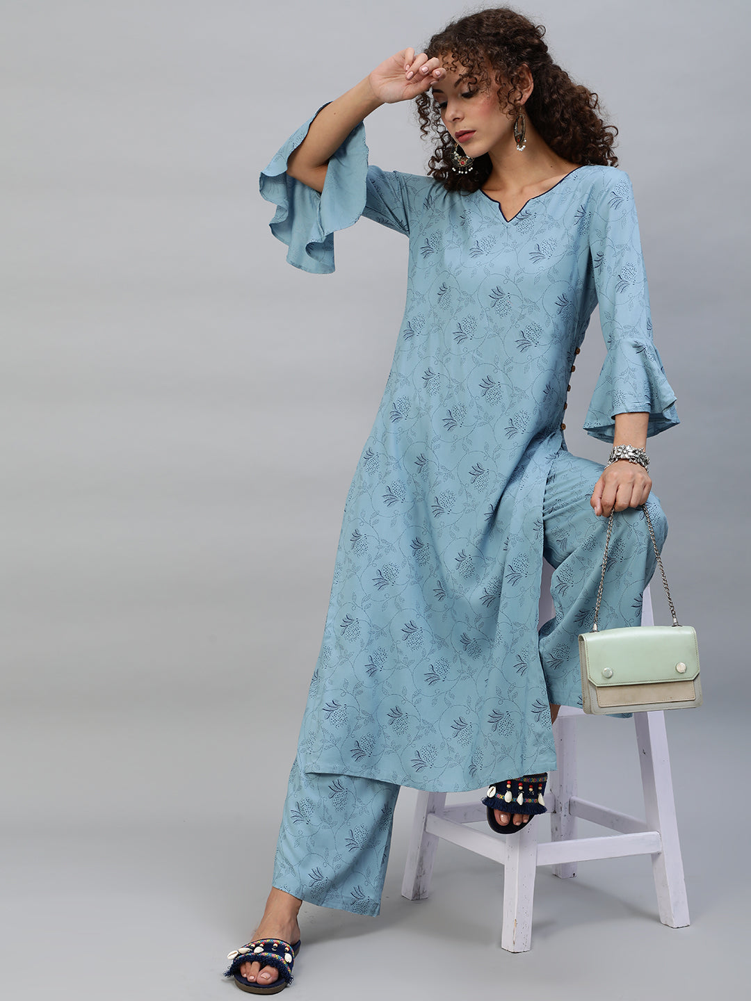 Blue Printed Kurta With Palazzo - Elganza