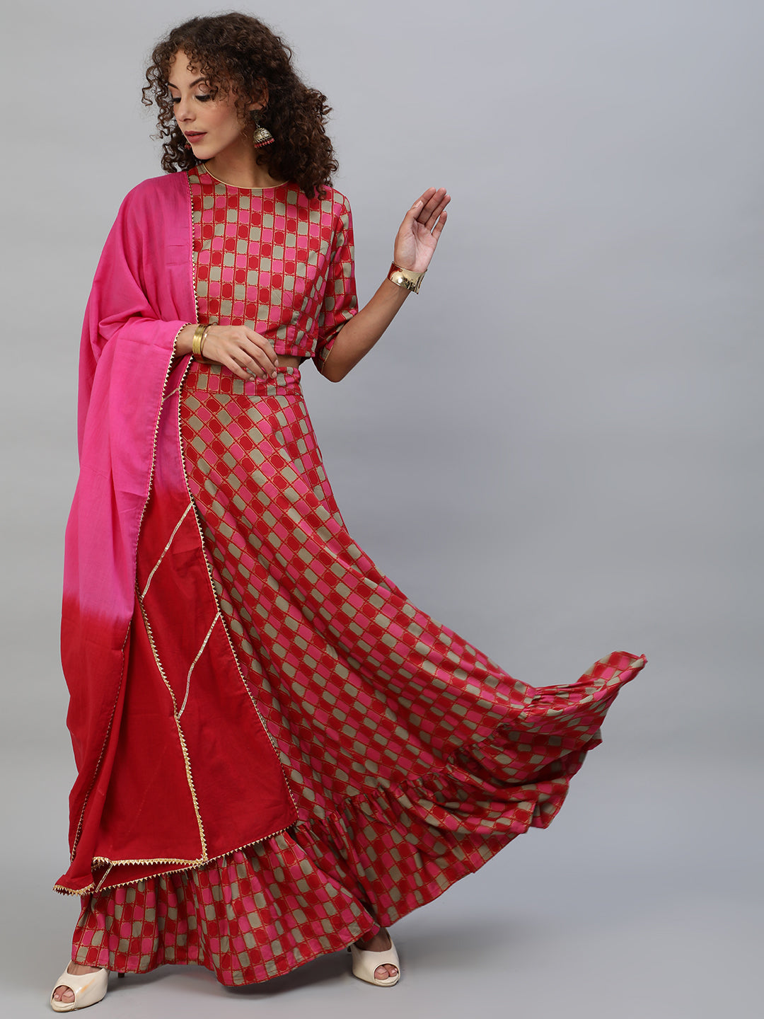 Red Gold Printed Lehenga Choli With Dupatta - Elganza