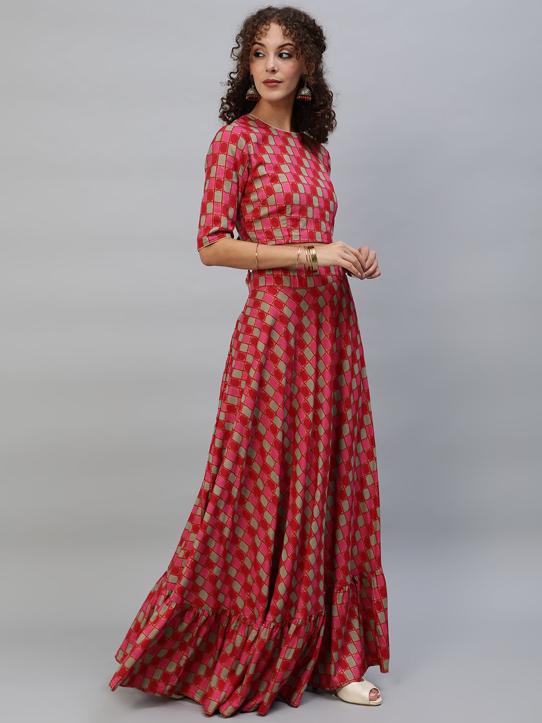 Red Gold Printed Lehenga Choli With Dupatta - Elganza