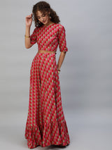 Red Gold Printed Lehenga Choli With Dupatta - Elganza