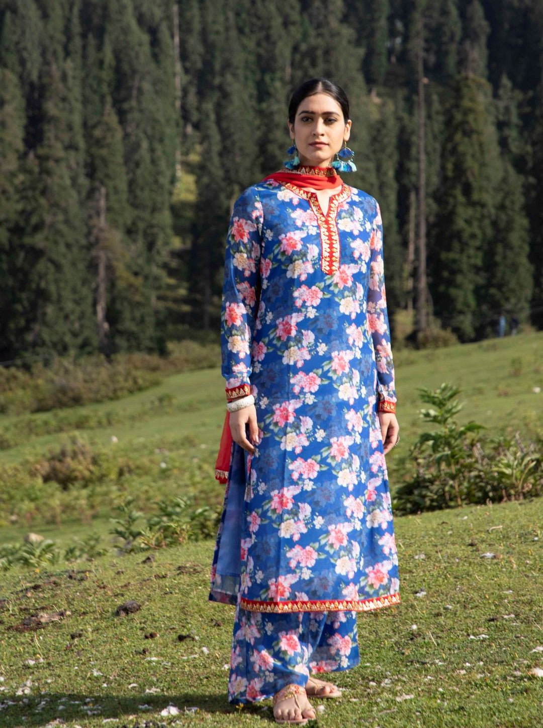 Blue Floral Print Kurta Palazzo With Dupatta - Elganza