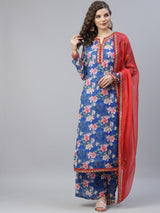 Blue Floral Print Kurta Palazzo With Dupatta - Elganza